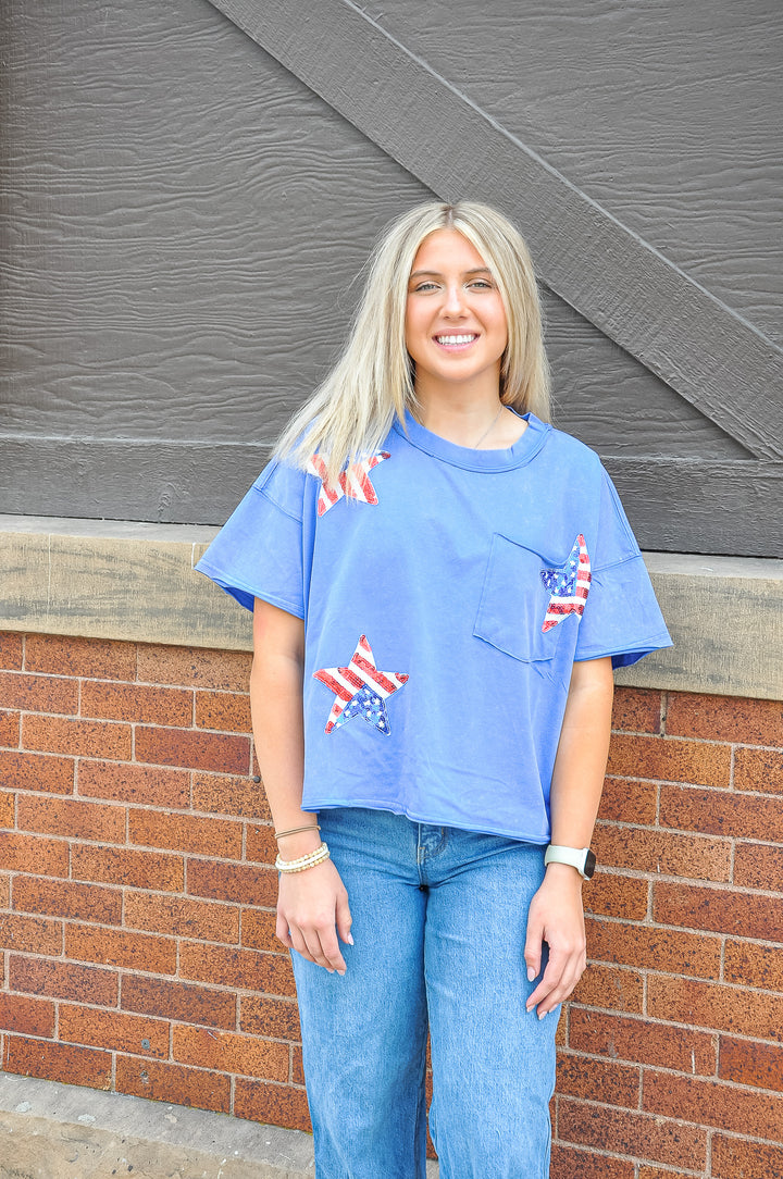 Short Sleeve Sequin Flag Patch Top