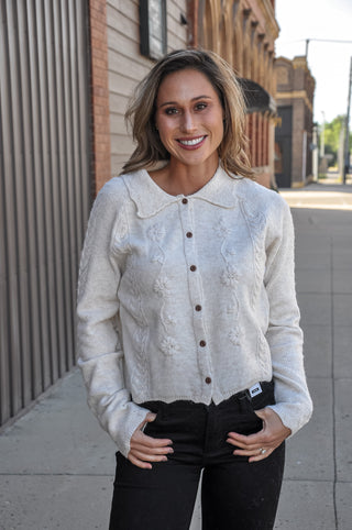 Floral Cable Knit Cardigan in Cream