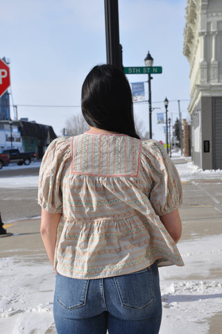 Floral Embroidered Lace Trim Peasant Blouse