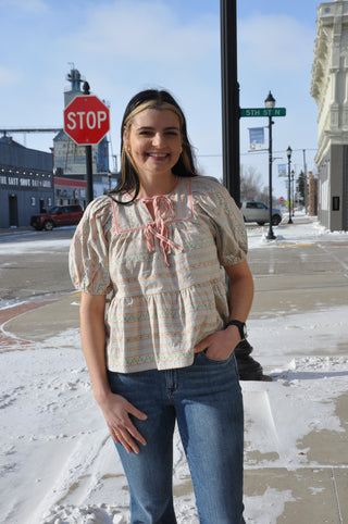 Floral Embroidered Lace Trim Peasant Blouse
