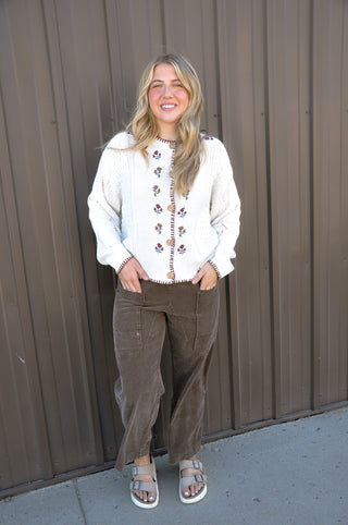 Floral Embroidery Contrast Stitch Cardigan