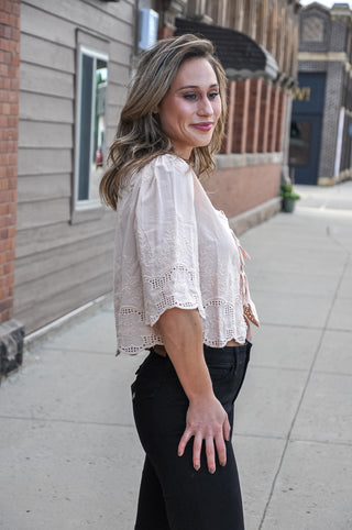Floral Embroidery Tie Front V-Neck Blouse