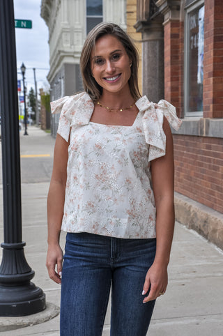 Floral Eyelet Tie Shoulder Sleeveless Top