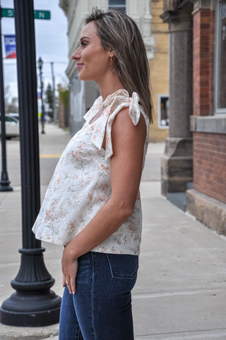 Floral Eyelet Tie Shoulder Sleeveless Top