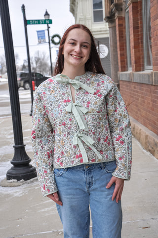 Floral Front Tie Quilted Jacket