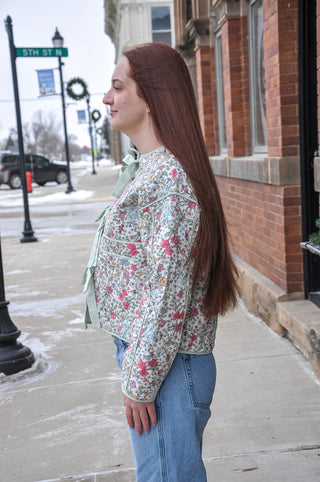 Floral Front Tie Quilted Jacket