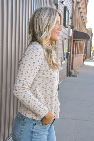 Floral Henley Neck Rib Top