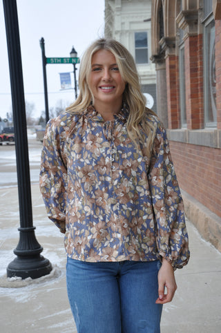 Floral High Ruffle Collar Blouse