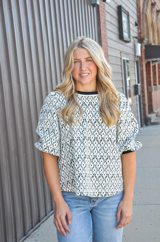 Floral Jacquard Contrast Trim Puff Sleeve Top