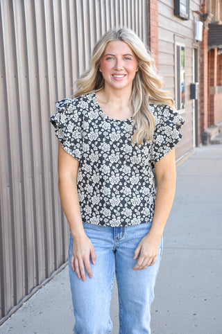 Floral Jacquard Ruffle Sleeve Knit Top
