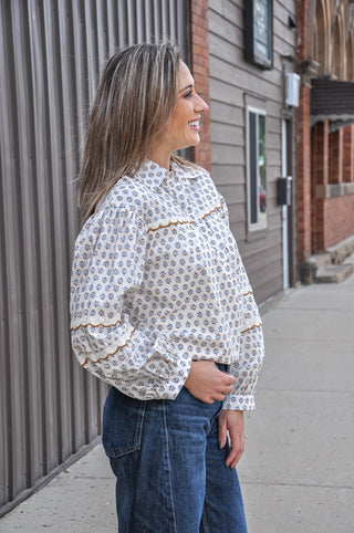 Floral Lace Trim Button Up Top, view 2