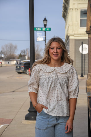 Floral Lace Trimmed Collared Blouse