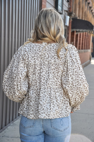 Floral Peplum Top w/Shirring & Bow Tie
