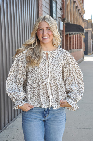 Floral Peplum Top w/Shirring & Bow Tie