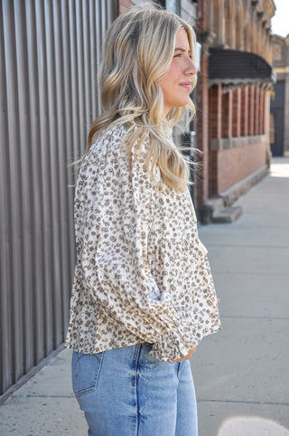 Floral Peplum Top w/Shirring & Bow Tie