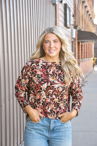 Floral Print Boat Neck Dolman Sleeve Top