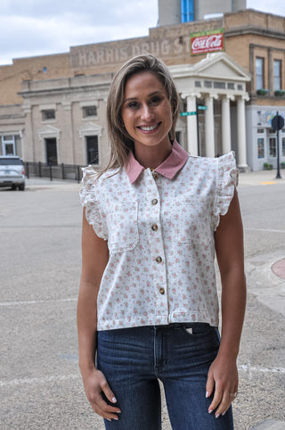 Floral Print Contrast Collar Top