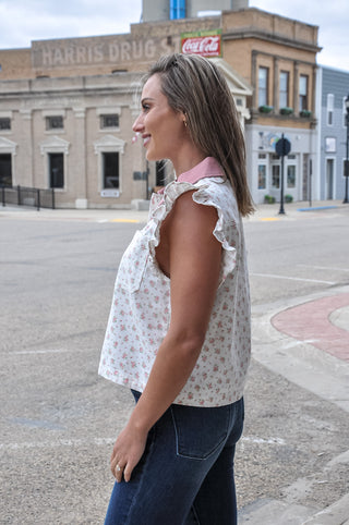 Floral Print Contrast Collar Top
