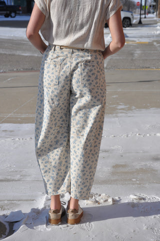 Floral Print Denim Barrel Pants