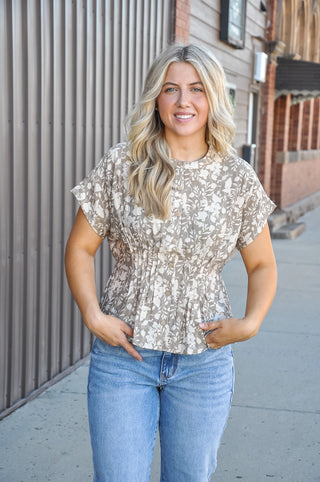 Floral Print Peplum Ruched Blouse