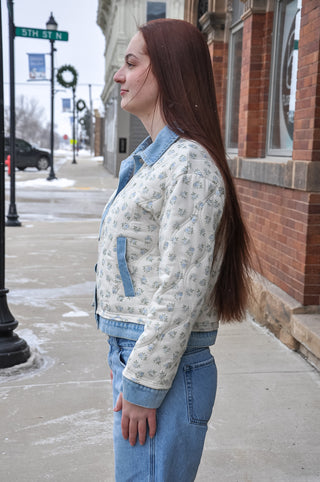 Floral Print Quilted Denim Jacket