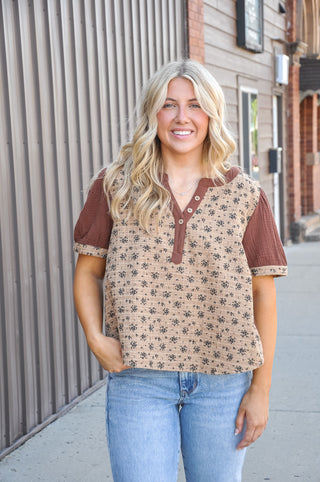 Floral Printed Contrast Gauze Blouse