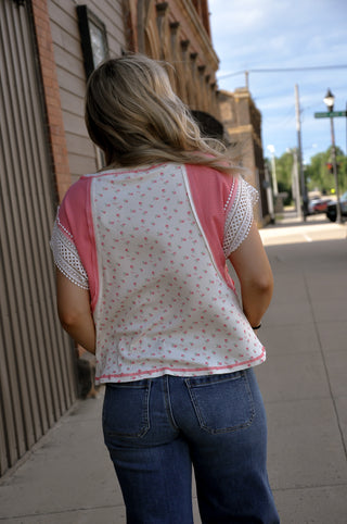 Floral Rib Knit with Crochet Trim Sleeves Top