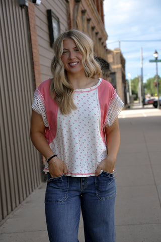 Floral Rib Knit with Crochet Trim Sleeves Top