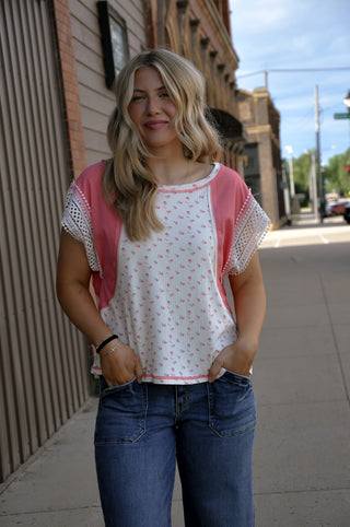 Floral Rib Knit with Crochet Trim Sleeves Top