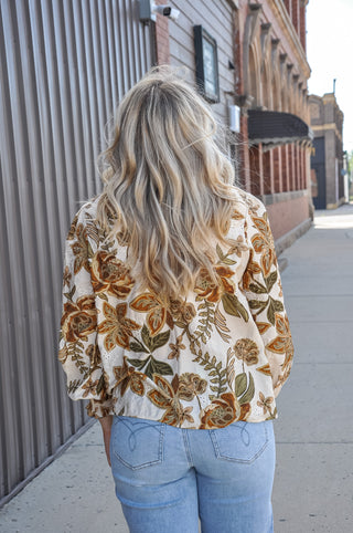 Floral Split Neck Voluminous Sleeve Blouse