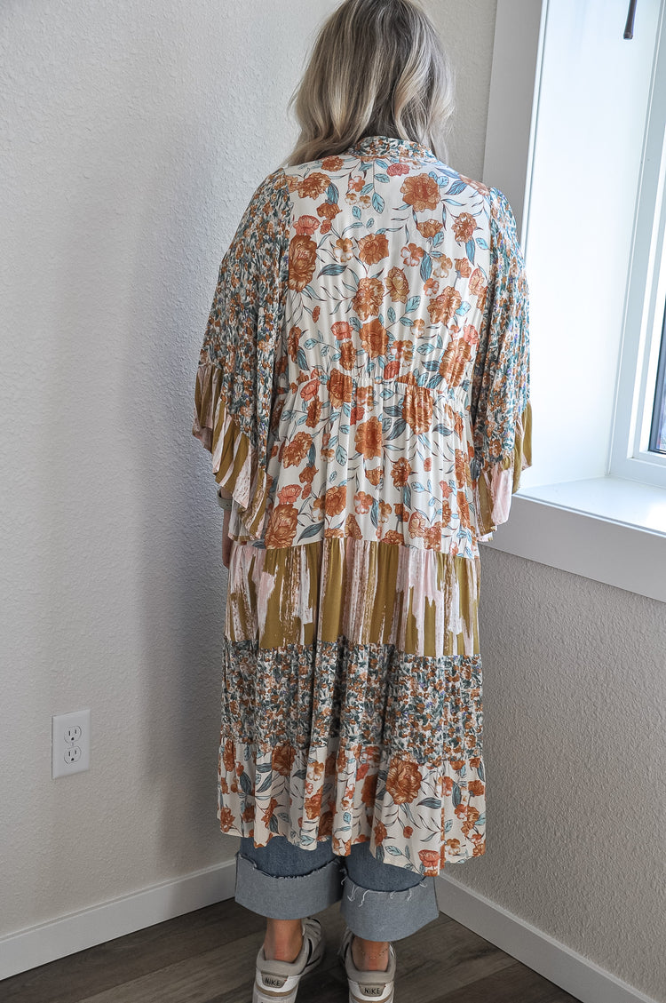Floral Stripe Woven Print Mixed Kimono