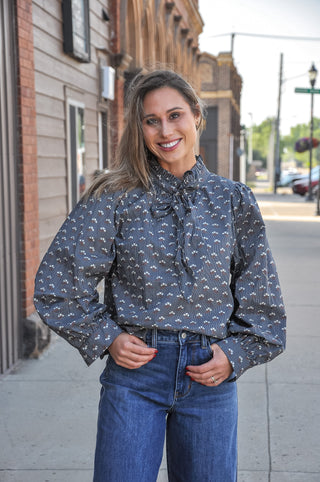 Floral Striped Blouse W/Bow Tying Detail