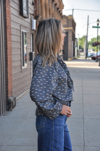 Floral Striped Blouse W/Bow Tying Detail