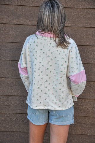 Floral Terry V Neck Collared Top