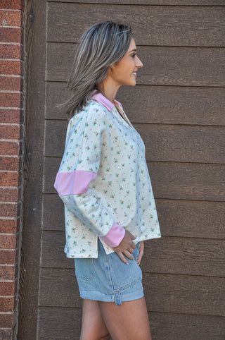Floral Terry V Neck Collared Top
