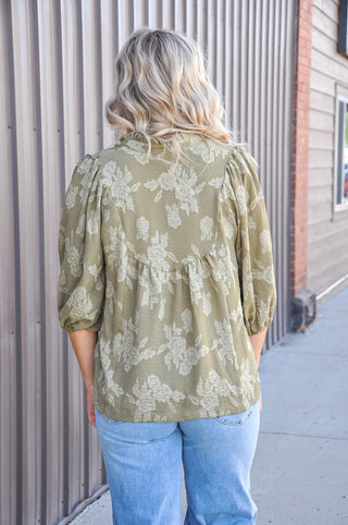 Floral Textured Scalloped V-Neck Babydoll Blouse