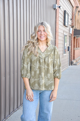 Floral Textured Scalloped V-Neck Babydoll Blouse
