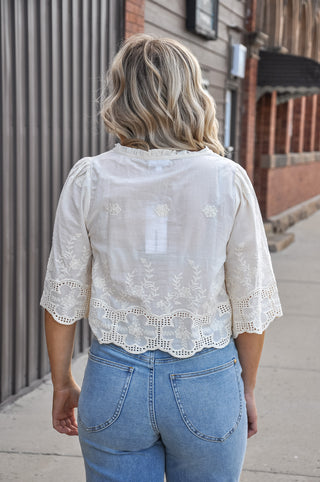 Floral Embroidery Tie Front V-Neck Blouse