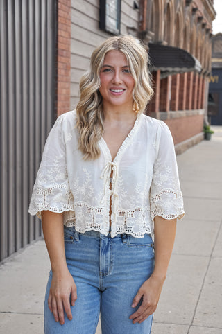 Floral Embroidery Tie Front V-Neck Blouse