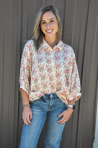 Flower Crinkle Short Dolman Blouse