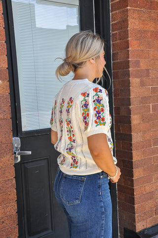 Flower Embroidery Pointelle SS Sweater