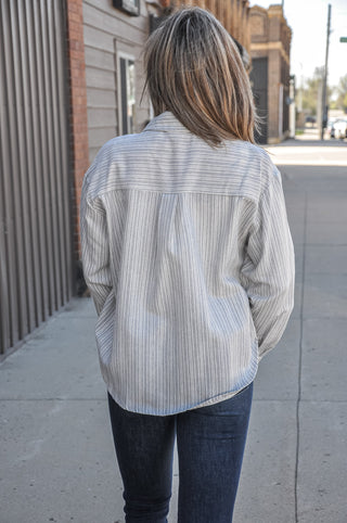 Flower Knit Patch Pocket Stripe Shirt