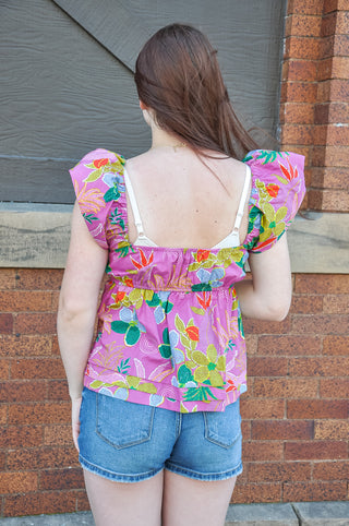 Flower Print Cinched Sweetheart Top