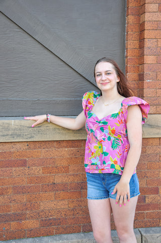 Flower Print Cinched Sweetheart Top