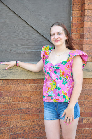 Flower Print Cinched Sweetheart Top