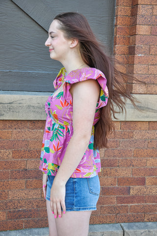 Flower Print Cinched Sweetheart Top