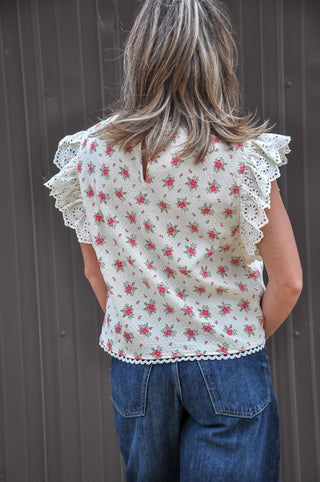 Flower Printed Lace Trim Blouse