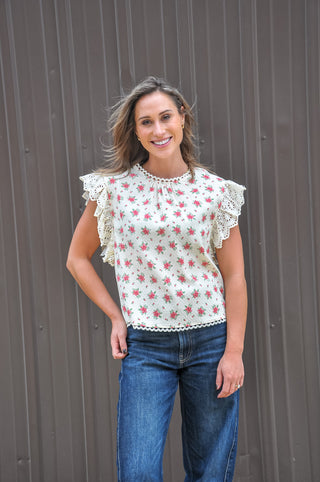 Flower Printed Lace Trim Blouse