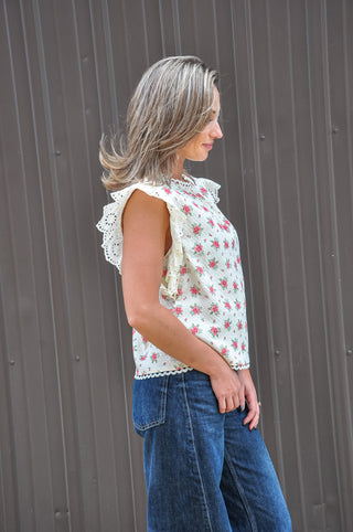 Flower Printed Lace Trim Blouse