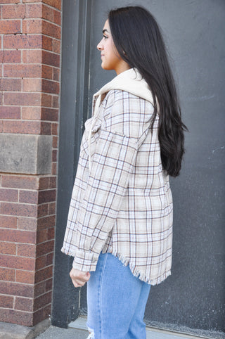 Frayed Hem Hooded Flannel Plaid Jacket